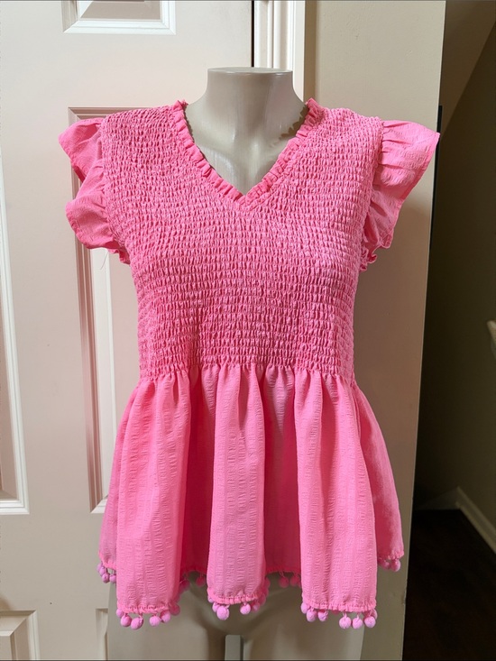 THML Tops - THML Pink Smocked Peplum Tunic with Pom-Pom Trim, large